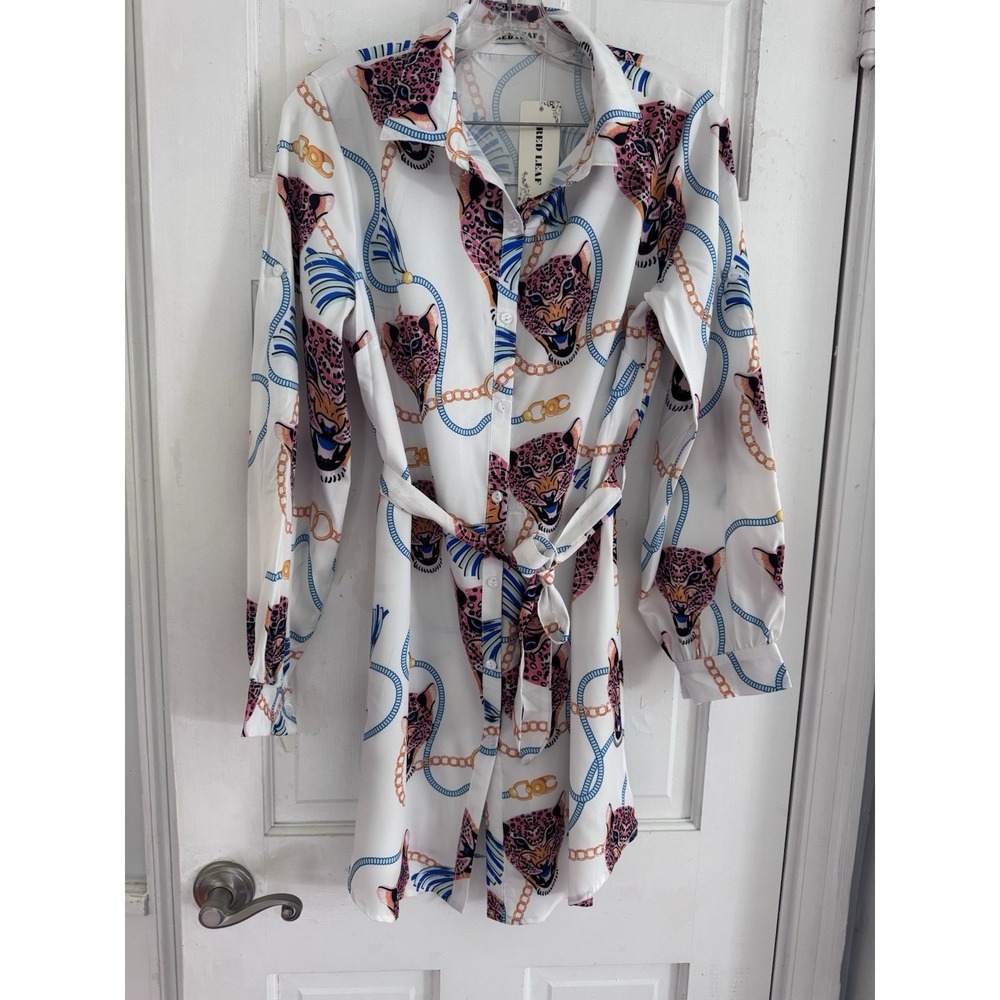 Red Leaf Leopard Chain Print Belted Shirt‎ Dress White Pink Blue Travel Sz S NWT